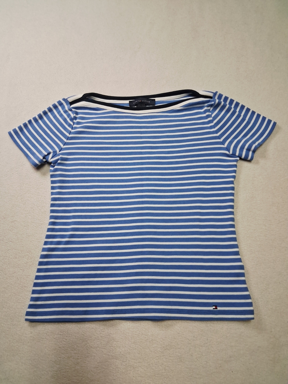 Tommy Hilfiger Blue & White Striped Boatneck Tee with Black Trim